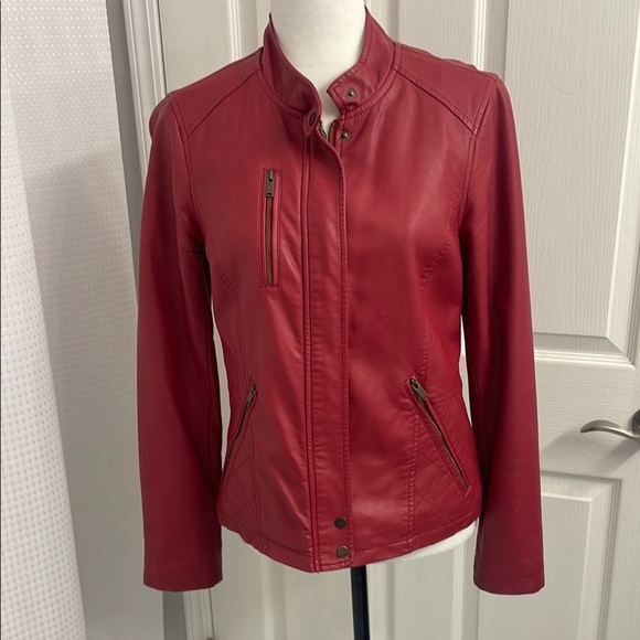 Brick Red Faux Leather Jacket Fitted Pockets Front Zipper Size S - Picture 1 of 16